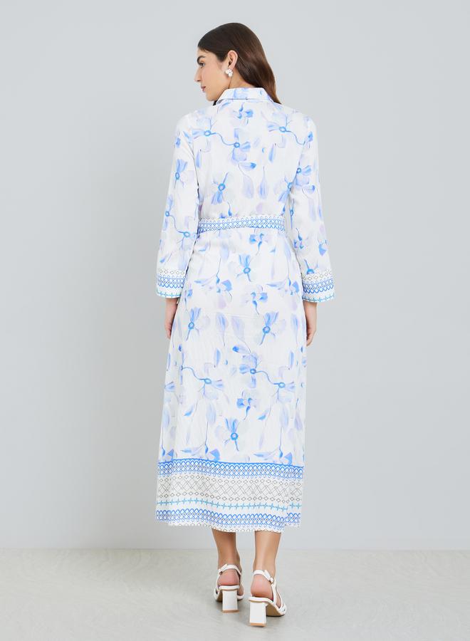 Styli Women Blue Floral Print Collared A-Line Maxi Dress - Image 4
